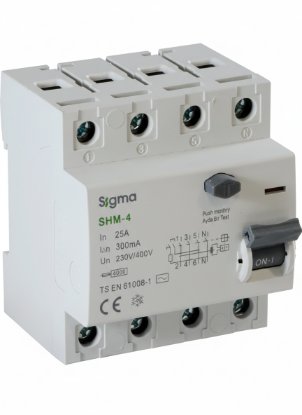 Sigma 300mA Yangın Koruma Kaçak Akım Şalteri - 4P Trifaze - 10kA Sanayi Tipi - 25A / 125A Tam Seri - Çift İndikatörlü (AC Tipi)